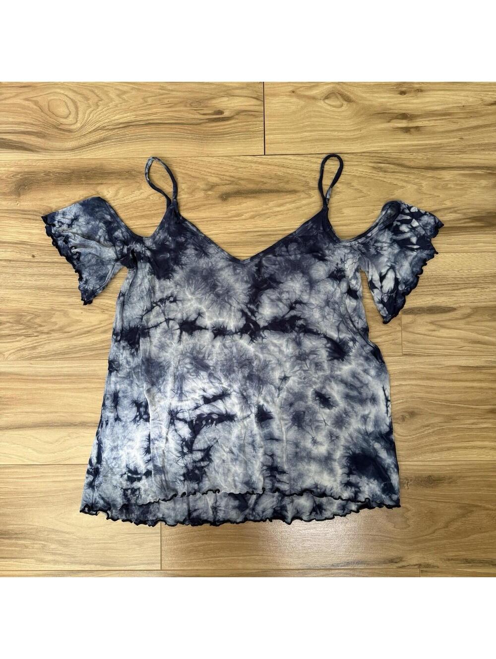 American Eagle Soft & Sexy Cold Shoulder Tie Dye Top Size S Navy Blue Y2K